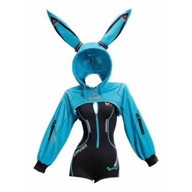 Imagem de Mobbunny Lingerie sexy derivada de anime, roupa esportiva, estilo cibernético, cosplay, body com capuz, jaqueta curta, Azul, M