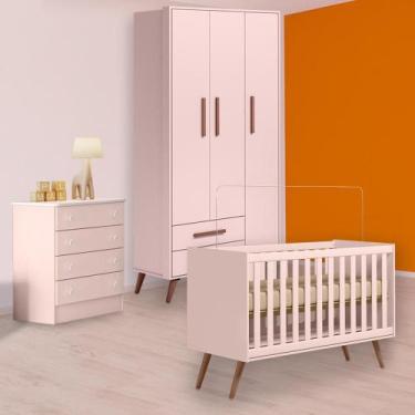 Imagem de Berço Mini Cama Retrô, Cômoda e Guarda Roupa Retro Rosa - Qmovi