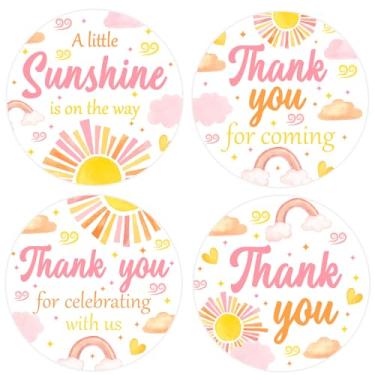 Imagem de Serencatcher Adesivos de agradecimento para chá de bebê Sunshine, 80 peças, adesivos A Little Sunshine is on The Way, etiquetas de agradecimento, 5 cm, rosa e amarelo, para boho, arco-íris, sol, chá