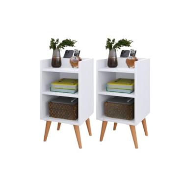 Imagem de Kit 2 Criados-Mudos Compactos com Porta-Celular e Pés Retrô – Mesa Lateral Moderna 57x30x26cm(KIT MAX BRANCO)