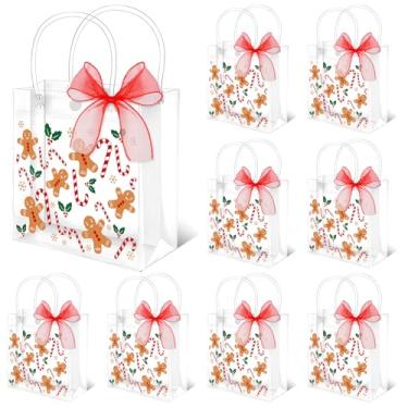 Imagem de FYSUIMU 12 peças de sacolas de presente de PVC transparente de Natal, sacolas de lembrancinha de festa com alças para homens de gengibre com fita para Natal, inverno, feriado, aniversário