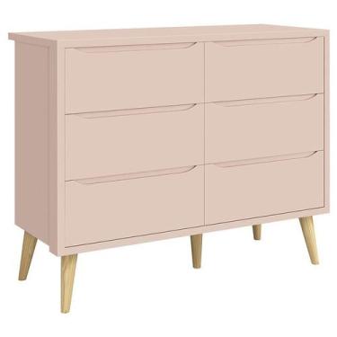 Imagem de Cômoda Infantil 6 Gavetas Retrô Theo Rosa Acetinado com Pés Natural  R