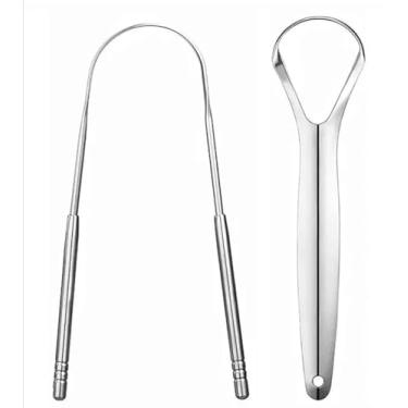Imagem de 2 peças de raspador de língua de metal para adultos, raspadores de língua de aço inoxidável com estojos de viagem, ferramenta de limpeza oral reutilizável para hálito fresco e higiene da língua
