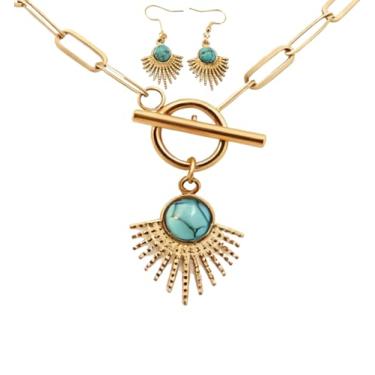 Imagem de REEBOOOR Colar delicado com pingente de gota barroca de corrente de ouro 18 K, conjunto de brincos de colar de lápis-lazúli, turquesa, moderno, colar, brincos, colar fofo, joia minimalista, Large