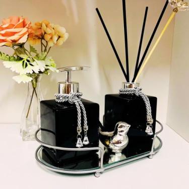 Imagem de Kit Lavabo Banheiro Com Difusor Saboneteira e Bandeja Super Luxo Preto