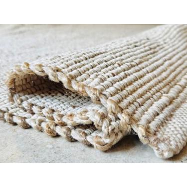 Imagem de FRELISH DECOR Tapete de área de algodão de juta tecido à mão - fio natural - decoração contemporânea de casa de fazenda - tapetes náuticos rústicos vintage para quarto - sala de estar - casa de fazenda - cozinha - decoração de casa elegante (5'x8')
