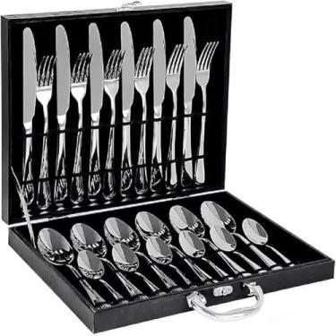 Imagem de Conjunto de Talheres Premium, 24 Peças em Aço Inoxidável com Maleta Preta, Garfos e Colheres para Refeições, Jogo de Talheres Luxo para Jantar, Presentes e Decoração de Mesa