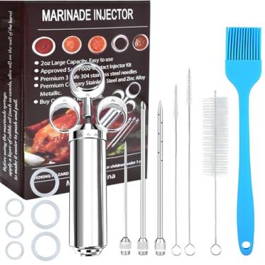 Imagem de PEOUWNES Kit de seringa injetora de carne de aço inoxidável 304 com 3 agulhas de marinada para churrasqueira, defumante, peru, carne, peixe, peito, grande capacidade, escova de silicone e escova de