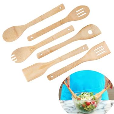 Imagem de Rowcay Conjunto de 6 utensílios de cozinha de madeira de bambu com alças, colheres e espátulas resistentes ao calor, 29 x 6 cm, fácil de limpar para panelas antiaderentes, uso diário, conjuntos de