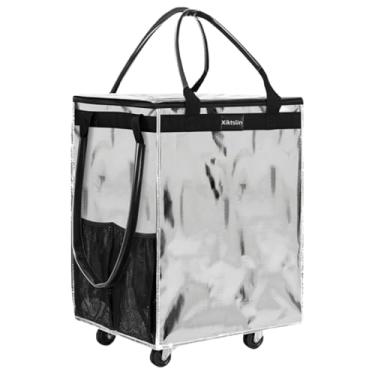 Imagem de (Médio, prata Starlight) bolsa de compras reutilizável com rodas, bolsa dobrável com rodinhas para carrinho de compras de até 30 kg, bolsa com rodinhas com alças, bolsa com zíper Clouser com rodas