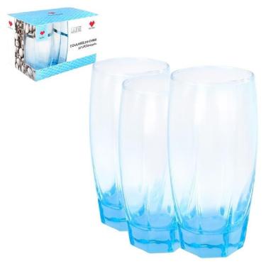 Imagem de Kit Jogo 3 Copo Azul Vidro 365ml Agua Chopp Cerveja Suco Restauante Casa Bar Conjunto Luxo