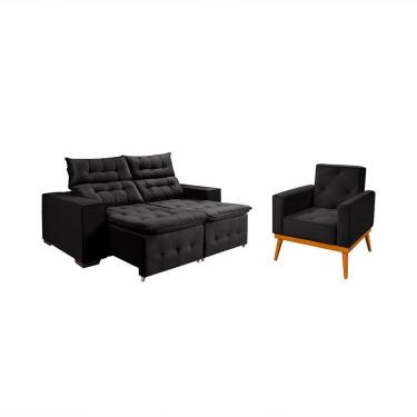 Imagem de Kit Sofá Retratil Reclinável Bari 1,90 Pillow Mais Poltrona Florença Em Veludo Preto Preto