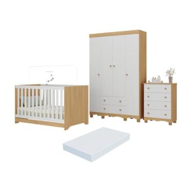 Imagem de Quarto de Bebê Completo Berço Americano 3 em 1 Colchão Dengo Multimóveis Mp4604 Madeirado/branco