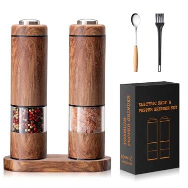 Imagem de Conjunto de moedor elétrico de sal e pimenta, conjunto automático de moedor de sal e pimenta com base de madeira, grossura ajustável, luz LED, operação com uma mão saleiro elétrico e saleiro (grão de