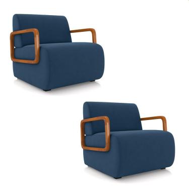 Imagem de Poltrona Sala De Estar Braço De Madeira Kit 2 Hellen Veludo K01 - D'rossi Cor Azul Marinho
