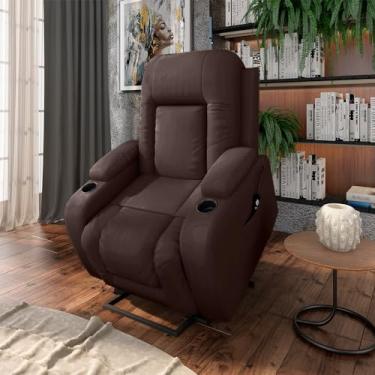 Imagem de Poltrona do Papai Reclinável Massagem e Aquecimento com Elevação Idoso Lift 150° 2 Porta Copos Mark PU Marrom Chocolate G31 - Encantum
