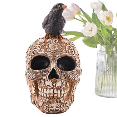 Imagem de Estatueta de caveira de resina | Ornamento de mesa de terror, decoração de sala de resina, adereço colecionável realista com design de corvo centros de mesa para casa, cafés, bares, exibição de mesa