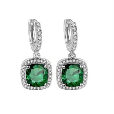Imagem de Brincos femininos de designer de estilo princesa, com imitação de diamante e imitação de pedras de moissanite. Conjunto com pedras de zircônia verde-esmeralda. Brincos banhados a prata com brincos