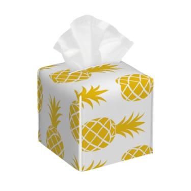 Imagem de Porta-lenços de couro quadrado à prova d'água abacaxi fruta amarelo bonito organizador de papel facial com cinto inferior cubo estojo de lenços para mesa, banheiro, escritório, mesa, carro, decorativo