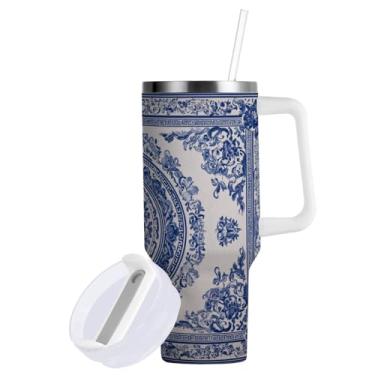 Imagem de ATTX Copo de porcelana azul e branco de 1,134 g com alça - Caneca de viagem de aço inoxidável isolada a vácuo, copo de café à prova de vazamento com canudo #809