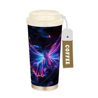 Imagem de SEHANY Caneca de viagem Neon Butterfly 482 g Copos de café reutilizáveis revestidos de cerâmica com tampa à prova de vazamento, parede dupla, isolamento a vácuo, copo de café de aço inoxidável para