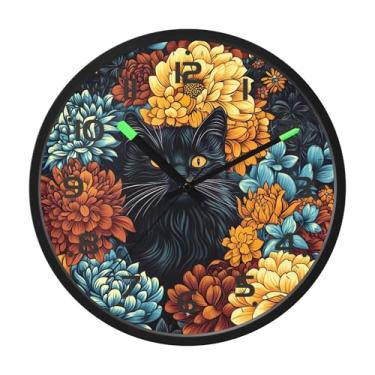 Imagem de SEHANY Relógio de parede engraçado de gato preto silencioso sem tique-taque, relógio redondo operado por bateria 30,5 cm, controle de som, luz noturna, relógios de parede para sala de estar, cozinha