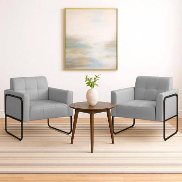 Imagem de Poltrona Sala Industrial Alta Tubo Preto Kit 2 Elisa Sintético Cinza D03 - D`rossi