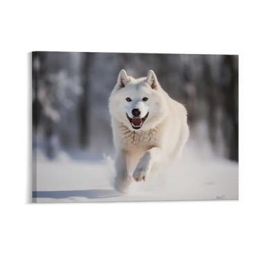 Imagem de HouLaiZhe Pôster de animal lobo branco correndo bela tela estética pôsteres decoração de sala de parede impressões de sala de galeria decoração de parede para quarto sala de estar escritório 18 x 24