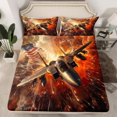 Imagem de Jogo de cama solteiro com tema de guerra, avião, aviação, chique, para adolescentes, crianças, moderno, bandeira americana, aeronaves, estampa de chamas 3D, capa de cama (1 lençol com elástico + 1