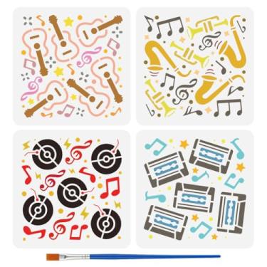 Imagem de FINGERINSPIRE 4 estilos de elementos de música vintage, estênceis com um pincel 14 x 14 cm, estêncil, notas musicais, estêncil, fita cassete, estêncil, modelos de temas musicais para parede de madeira