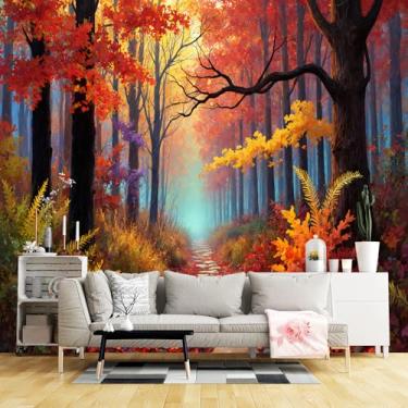 Imagem de Murais de parede de tamanho personalizado, tecido de parede autoadesivo de caminho de pedra da floresta de outono (sem PVC) Papel de parede grande removível para sala de estar, quarto, escritório