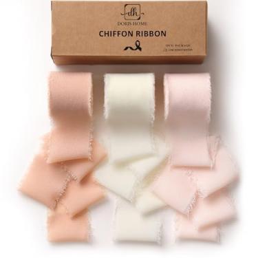 Imagem de DORIS HOME Fita de chiffon rosa e creme para buquê de flores, fita de tecido de 3,8 cm x 21 m para embrulho de presente, fita desgastada feita à mão para decorações de casamento e Natal