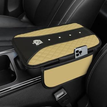 Imagem de NBTEPEM Capa de apoio de braço para console central de carro Bling Crown, almofada de couro com 2 sacos de armazenamento, caixa de armazenamento de braço de carro, acessórios internos para a maioria