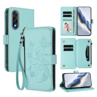 Imagem de Capa carteira para OnePlus Ace 5 Ultra com porta-cartões, bolso com zíper e alça longa - Capa fólio de couro com fecho magnético, suporte, capa feminina anti-impressão digital (menta)