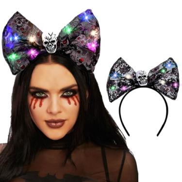 Imagem de Bafuny Tiara feminina com laço de Halloween iluminada com renda e caveira preta, acessórios para cabeça do Dia dos Mortos