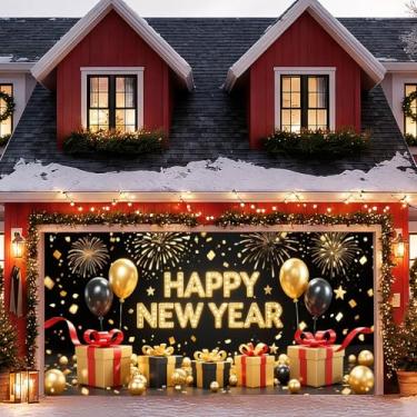 Imagem de HOMETITUTE Banner de porta de garagem feliz ano novo 4 x 1,8 m pano de fundo de balões pretos dourados de luxo véspera de ano novo decoração de porta de garagem para festa de celebração interior