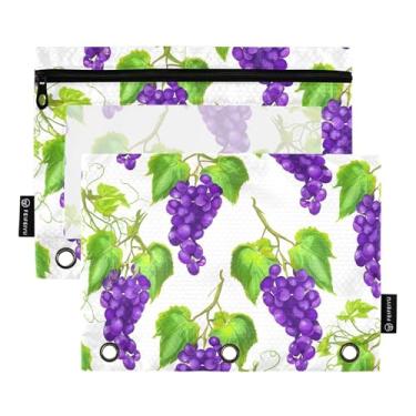 Imagem de Linda bolsa de lápis rosa com 3 anéis, suculenta, uvas roxas, folhas verdes, fichário com zíper, bolsa para lápis, caneta, escola, pastas transparentes, bolsos fofos, 25 x 18 cm, 2 pacotes