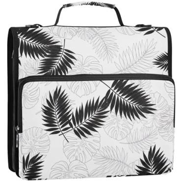 Imagem de Organizador de fichário durável com zíper para fichários de 3 anéis, 3 anéis, folhas de palmeira tropicais, estojo preto com alça para fichários escolares com alça de ombro, 34,5 x 31,5 x 9 cm