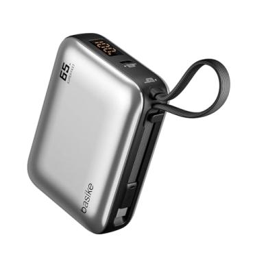 Imagem de Basike Power Bank 65W, Carregador Portátil Universal 20000mAh, USB-C + Cabo Type-C Integrado e Removível, Carregamento Rápido PD/PPS para Samsung Séries S25-S21 e iPhone Séries 17-14 – Prata