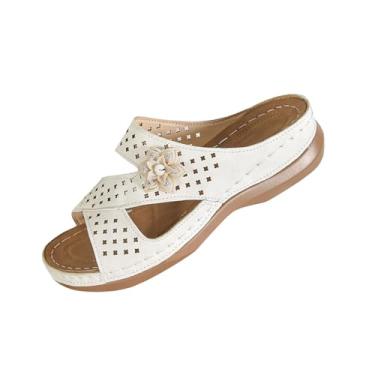 Imagem de Chinelo feminino casual primavera verão confortável flor oco respirável boca de peixe bico aberto um pé fundo grosso anabela, ideal para uso versátil, Branco, 35