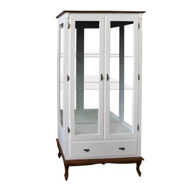 Imagem de Cristaleira Rústica De Madeira 2 Portas E 1 Gaveta - Pés Luiz Xv - Branco Laca Com Tampo E Base Imbuia Glazer