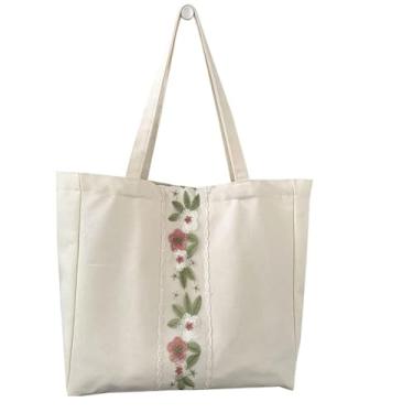 Imagem de Komociya Bolsa feminina de lona floral vintage, bolsa de ombro para viagens, compras, trabalho, Branco, Large