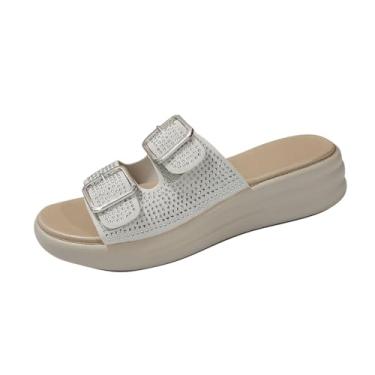 Imagem de Chinelo feminino primavera verão casual confortável com strass decorado boca de peixe bico aberto um pé sola grossa, ideal para uso versátil, Bege, 36