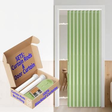 Imagem de Cortina magnética AJAZZ 100% blackout portas sanfonadas para armário, porta dobrável invisível para quarto sala de estar conjuntos de cortinas (1 pacote, 111 L x 198 C, verde + varão)