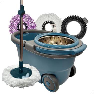 Imagem de Mop Giratório Cesto Inox Com Rodas 16L 3 Refis Limpeza Esfregão INMA E