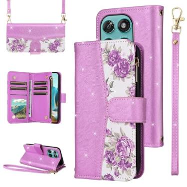 Imagem de Furiet Capa carteira floral para Motorola Edge 60 Pro 5G com zíper flip alça de pulso/ombro de couro PU com glitter luxuoso suporte para cartão acessórios capa de celular para Moto 2025 feminina roxa