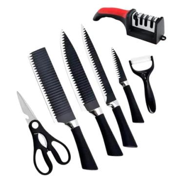 Imagem de Conjunto de facas para churrasco em aço inoxidável antiaderente profissional (Faca Preta+Afiador de Faca)