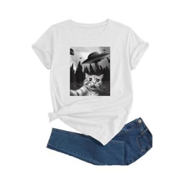 Imagem de Camiseta Feminina Com Estampa De Gato UFO, Gola Redonda, Casual, Manga
