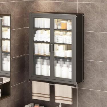 Imagem de Armário de armazenamento de banheiro montado na parede - Organizador sobre o vaso sanitário com portas de acrílico, armário suspenso de metal à prova de poeira sem perfuração, barra de toalha, 2/3/4