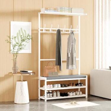 Imagem de Cabide de metal com banco de sapatos, árvore de entrada industrial moderna com 6 ganchos e sapateira de 2 níveis, armazenamento superior, árvore de corredor 4 em 1 para salas de estar, fácil de montar